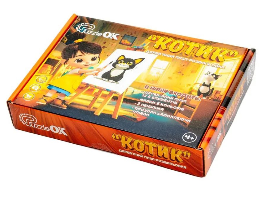 Деревянный пазл-раскраска Котик, PuzzleOk