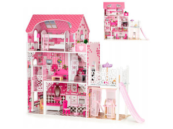 Дом для кукол деревянный MD 0159, 108 см, 3 этажа с мебелью и горкой, BabyToys