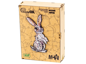 Фигурный деревянный пазл Веселый кролик A4 в деревянной упаковке, PuzzleOk