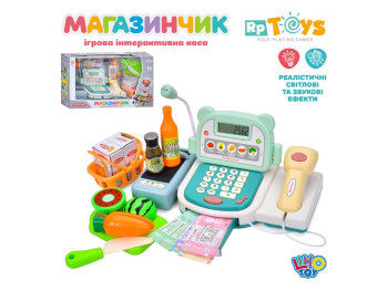 Игровой кассовый аппарат, калькулятор, микрофон, сканер, продукты, деньги, звук, свет (16 предметов)