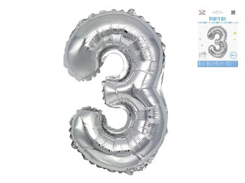 Шар фольгированный цифра 3 Party Go 40 см, самодержащаяся форма, серебряная