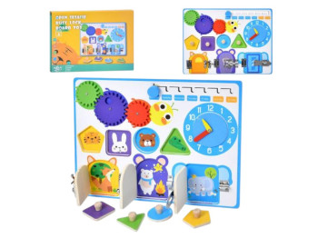 Деревянная игрушка бизиборд MD 0886, 30×22,5 см, с часами и шестернями