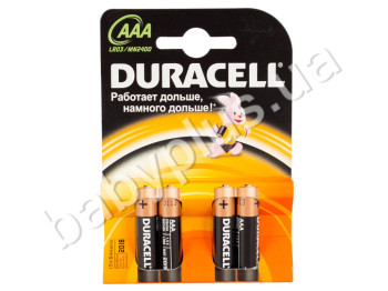 Батарейка алкалиновая Duracell, 1.5V, AAA, LR03 (цена за упаковку 4шт, 1 лист)_