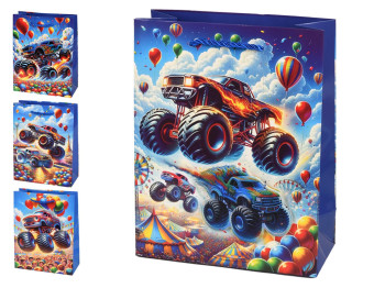 Пакет подарунковий паперовий Monster Truck 3D M, 26×32×10 см, мікс видів