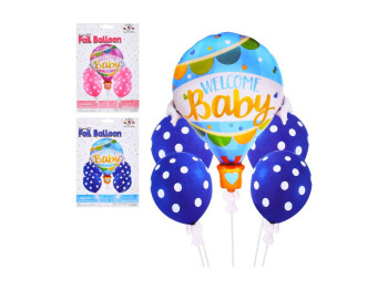 Шарики Welcome Baby, 5 шт (1 шт – 31 дюйм, 4 шт – 12 дюйм), 2 вида