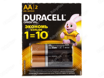 Батарейка алкалиновая Duracell, 1.5V, AA, LR6 (цена за упаковку 2шт, 1 лист) 5000394145535