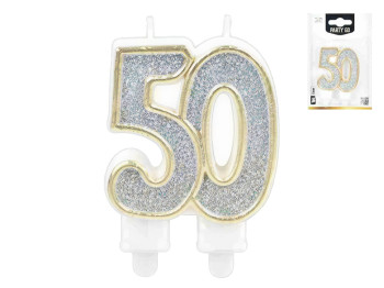 Свеча для торта цифра "50", серебряная с блестками, 7,5 см
