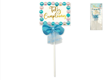 Топер для торта «Feliz Cumpleaños» с бантиком, 18 см, голубой