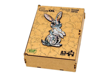 Фигурный деревянный пазл Веселый кролик A3 в деревянной упаковке, PuzzleOk
