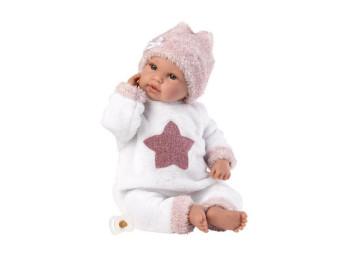 Лялька інтерактивна Baby Star у білому костюмі з рожевою шапкою і соскою, 36 см, Llorens