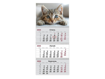 Календарь настенный квартальный Axent Cats 1 2026, 3 пружины, 297×630 мм