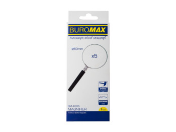 Лупа BUROMAX, 5x, 60 мм, оптичне скло, металева оправа, пластикова ручка