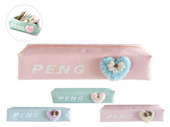 Пенал восьмигранный с декором сердце PENG, 22.5×5.5 см, на молнии, 3 вида