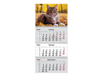 Календарь настенный квартальный Axent Cats 2 2026, 3 пружины, 297×630 мм