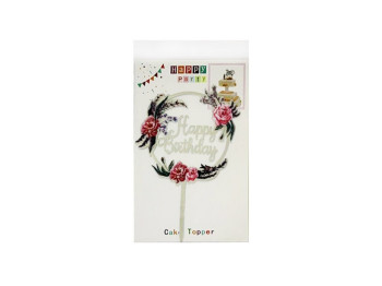 Топер для торта Happy Birthday с цветочным веночком, 10136