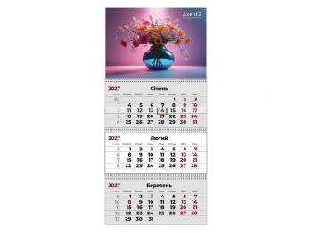 Календарь настенный квартальный Axent Magic Flowers 3 на 2027 год, 3 пружины, 297×630 мм