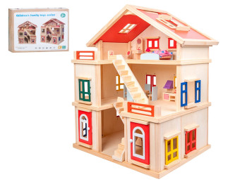 Деревянная игрушка Домик 63,5-44-в73см, 3 этажа, мебель, MD 0163