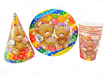 Набор День Рождение Bear, Стаканчики 6 шт + колпачки 6 шт + тарелки 6 шт, Jumbi