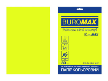 Цветная бумага BUROMAX EUROMAX NEON, A4, желтая неоновая, 80 г/м², 20 листов
