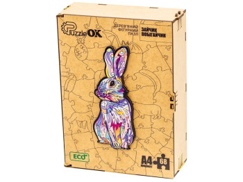 Фигурный деревянный пазл Зайчик A4, в деревянной упаковке, PuzzleOk