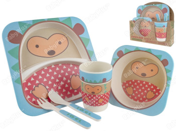 Набір дитячого бамбукового посуду 5 предметів Stenson Їжачок (2 тарілки, виделка, ложка, стакан)