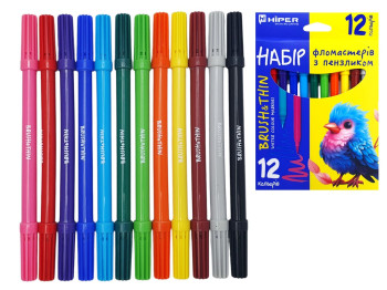 Набор фломастеров Brush&Thin с кисточкой 12 шт, Hiper