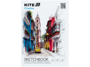 Скетчбук A5 для робіт маркерами Kite Creative K-1280, 30 аркушів