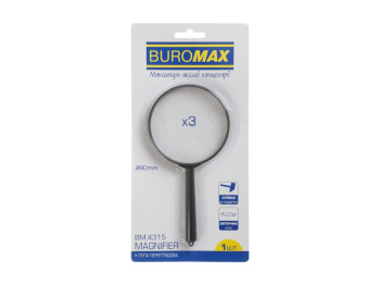 Лупа BUROMAX, 3x, 90 мм, оптичне скло, пластикова ручка