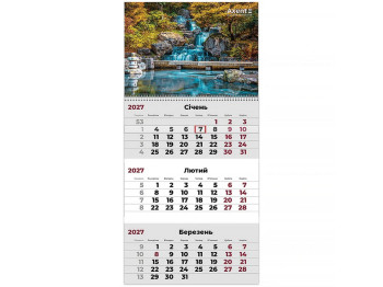 Календарь настенный квартальный Waterfalls 3, 2027 год, 1 пружина, Axent