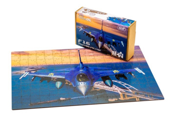 Фигурный деревянный пазл F16 Fighting Falcon Синий A3 в картонной упаковке. PuzzleOk PuzА3-01023