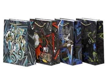 Пакет подарунковий картонний Boys Q3021L, 30×42,5×12 см, з фольгою, мікс видів (ціна за 1шт.)
