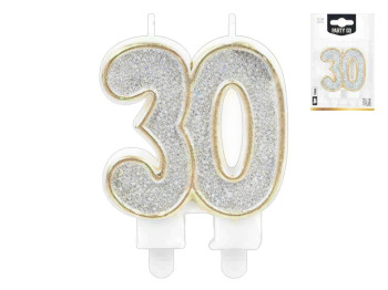 Свічка для торта цифра "30", срібна з блискітками, 7,5 см