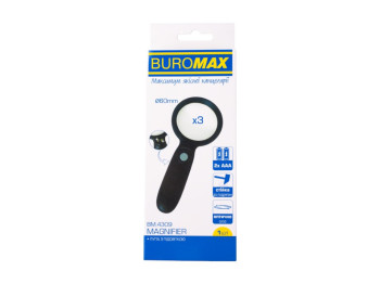 Лупа BUROMAX, 3x, 60 мм, з підсвіткою, оптичне скло, чорна
