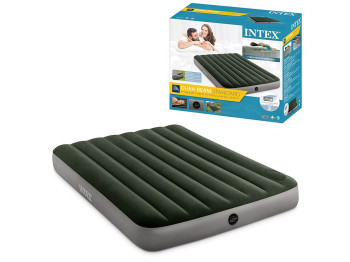 Надувний матрац Intex 64762, ПВХ з велюровим покриттям, 191×137×25см, ножний насос, колір зелений