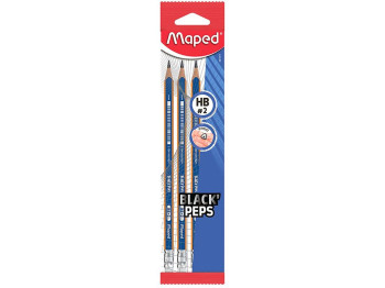 Карандаш графитовый BLACK PEPS HB, с резинкой, коробка с подвесом, MAPED MP851811