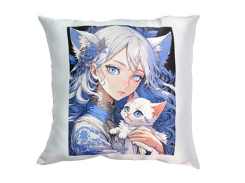 Подушка декоративная с принтом Anime девушка с котёнком, 35x35 см, микровелюр, Strateg