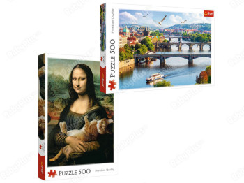 Пазлы Прага Чехия + Мона Лиза и дремлющей котеок. 500 + 500 элементов. Trefl 37007