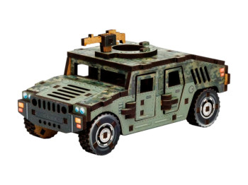 Дерев’яний 3D конструктор броньований позашляховик TURBO HUMVEE, 12 см, обертові колеса, PuzzleOk