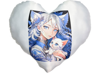 Подушка декоративная с сублимацией Anime девушка с котёнком, 45x40 см, форма сердца, Strateg