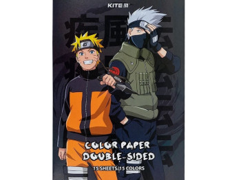 Бумага цветная двусторонняя Naruto Shippuden А4. 15 листов. 15 цветов. Kite NR24-250