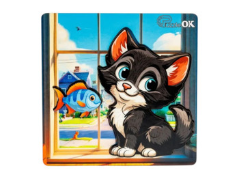 Сортер Монтессорі «Допитливий котик» A6, 140×140 мм, 4 деталі, PuzzleOk