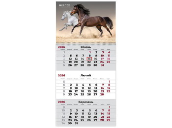 Календарь настенный квартальный 2026 год, на 1 пружине, Horses, Axent