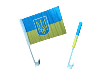 Флаг автомобильный Украина с гербом и крепежом, сине-желтый цвет