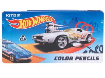 Карандаши цветные трехгранные в металлическом пенале Hot Wheels 12шт. Kite HW21-058