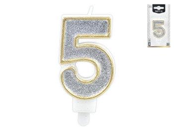 Свічка для торта цифра "5", срібна з блискітками, 7 см