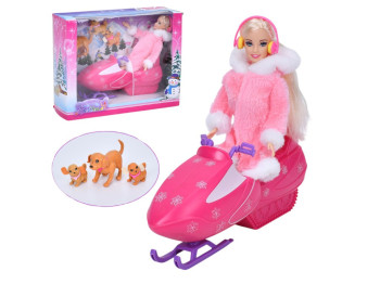 Игровой набор кукла на снегокат 68406, 28 см, фигурка с транспортом и фигурками животных