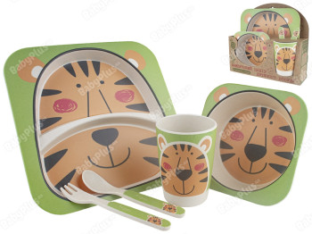 Набір дитячого бамбукового посуду 5 предметів Stenson Тигр (2 тарілки, виделка, ложка, стакан)