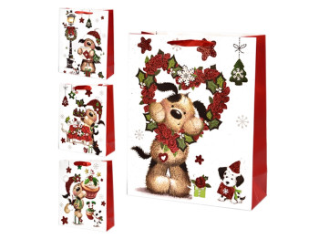 Пакет новогодний бумажный M Christmas puppy 26х32х10 см. R90857-M