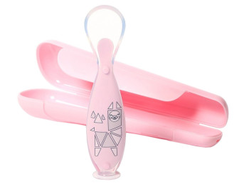 Ложечка мягкая силиконовая с присоской в футляре розовая.BabyOno 1461/01