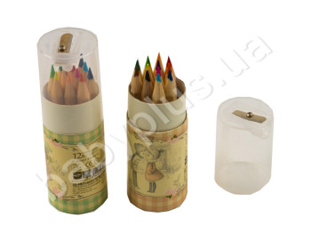 Набір кольорових міні олівців 12 кольорів в тубусі з точилкою на кришці. AIHAO AH9019-12